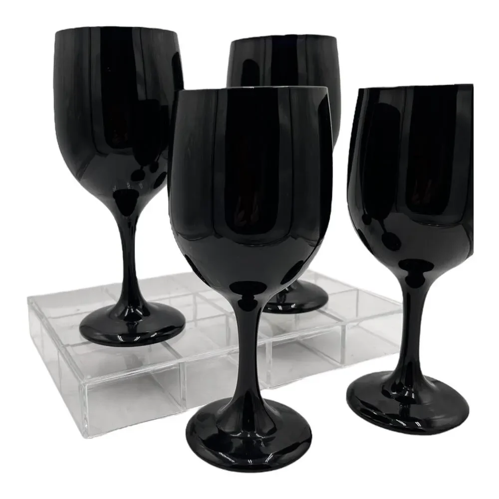 4 Libbey Premiere Black Wine Glasses Set Vintage Elegant Stemware Halloween‎ EUC